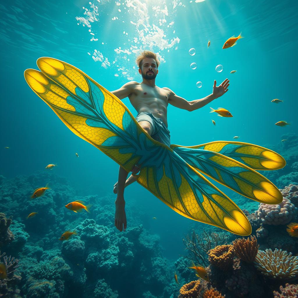 A surreal underwater scene featuring an exaggerated male character with exceptionally large fins, swimming gracefully amidst colorful corals and tropical fish