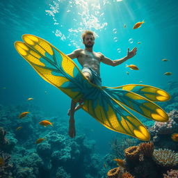 A surreal underwater scene featuring an exaggerated male character with exceptionally large fins, swimming gracefully amidst colorful corals and tropical fish