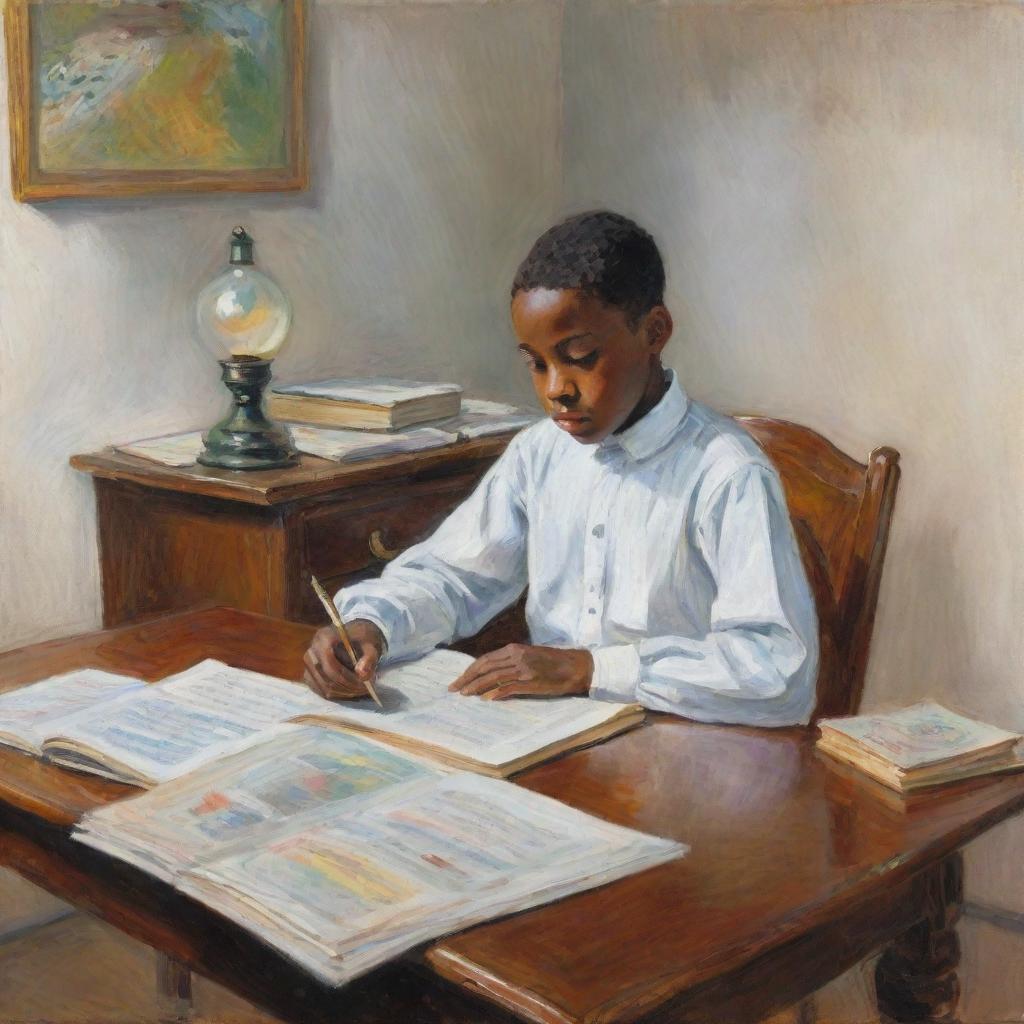 Illustration in the style of Claude Monet, depicting an African American boy dressed in white, sitting at a desk engrossed in reading a book. The setting is vibrant and impressionistic, emphasizing the serene energy of learning and curiosity.