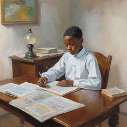 Illustration in the style of Claude Monet, depicting an African American boy dressed in white, sitting at a desk engrossed in reading a book. The setting is vibrant and impressionistic, emphasizing the serene energy of learning and curiosity.