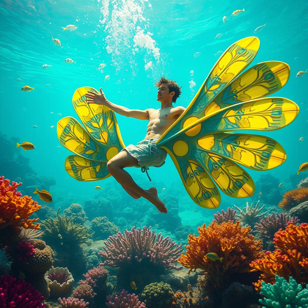 A surreal underwater scene featuring an exaggerated male character with exceptionally large fins, swimming gracefully amidst colorful corals and tropical fish