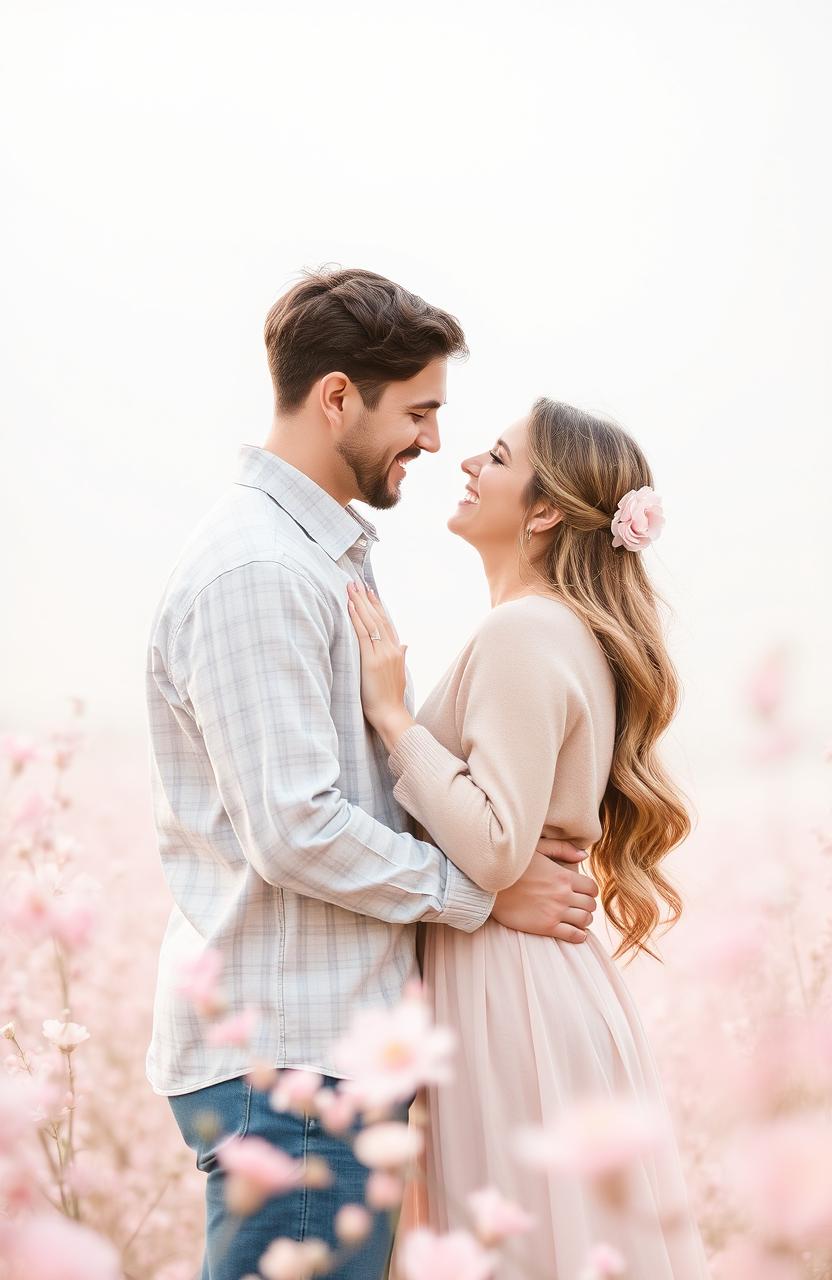 A romantic scene featuring a couple in a cozy embrace