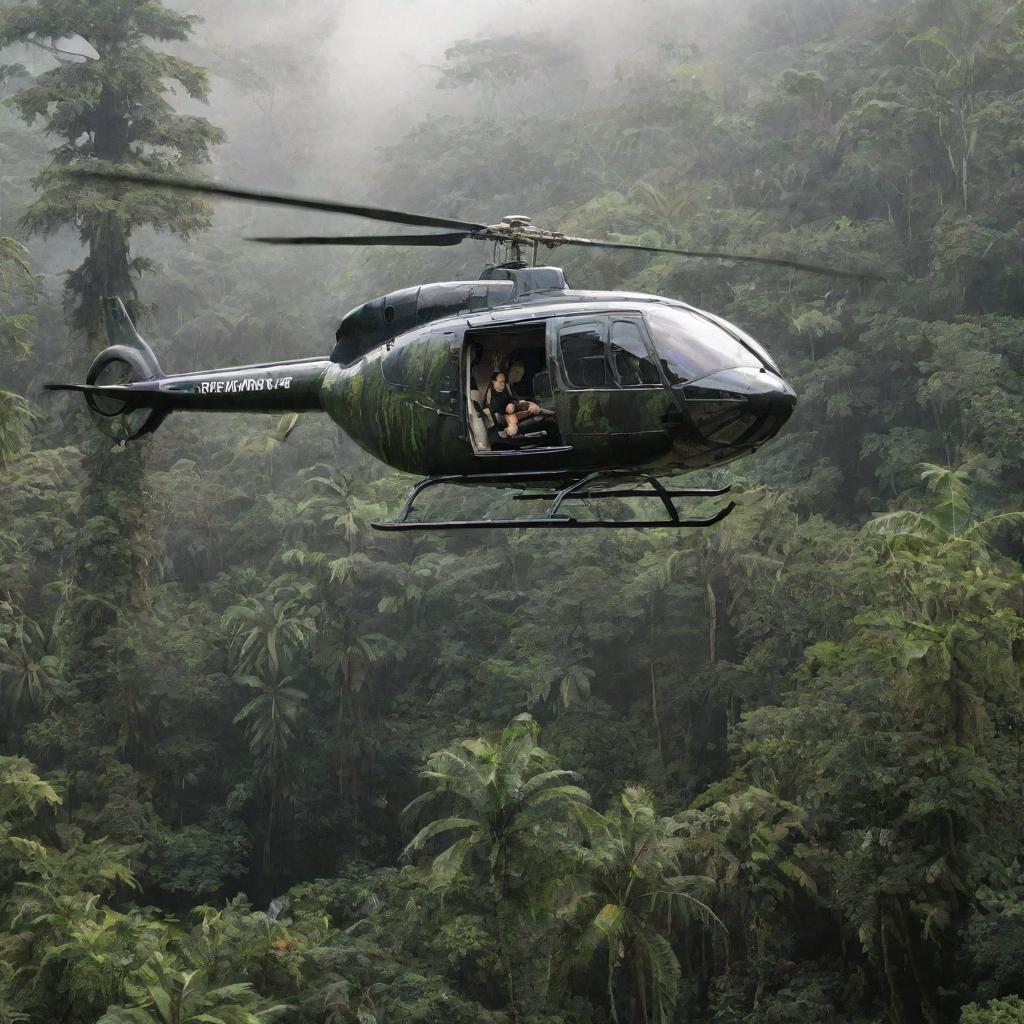 In the dinosaur-infused rainforest, a rich character now appears, descending from a stylish helicopter, creating a juxtaposition of modern luxury and prehistoric wilderness.