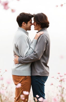 A romantic scene featuring a couple in a cozy embrace