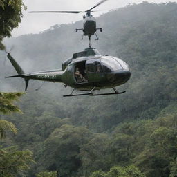 In the dinosaur-infused rainforest, a rich character now appears, descending from a stylish helicopter, creating a juxtaposition of modern luxury and prehistoric wilderness.