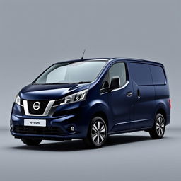 A striking Nissan NV200 van with a rich navy blue finish, positioned against a smooth grey background