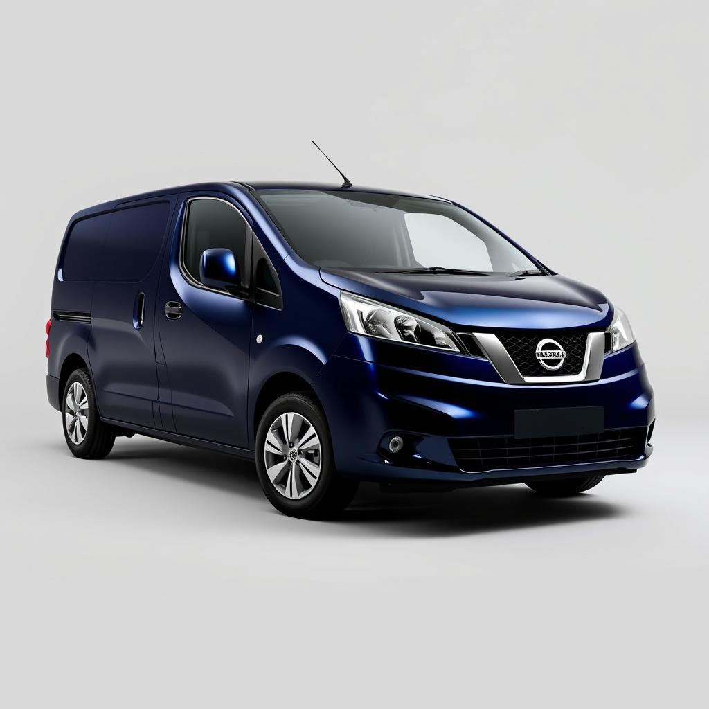 A striking Nissan NV200 van with a rich navy blue finish, positioned against a smooth grey background