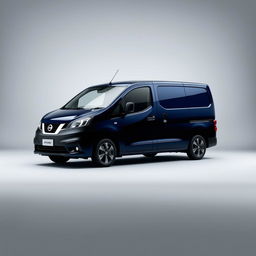 A striking Nissan NV200 van with a rich navy blue finish, positioned against a smooth grey background