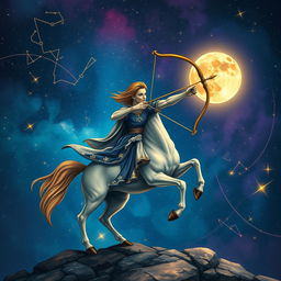 A stunning and mystical depiction of the Sagittarius zodiac sign, showcasing a centaur archer poised elegantly against a starry night sky filled with constellations