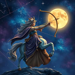 A stunning and mystical depiction of the Sagittarius zodiac sign, showcasing a centaur archer poised elegantly against a starry night sky filled with constellations