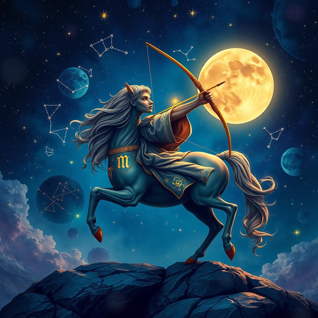 A stunning and mystical depiction of the Sagittarius zodiac sign, showcasing a centaur archer poised elegantly against a starry night sky filled with constellations