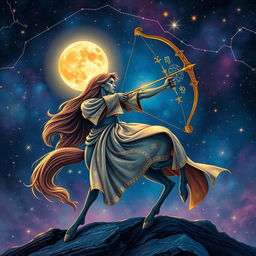 A stunning and mystical depiction of the Sagittarius zodiac sign, showcasing a centaur archer poised elegantly against a starry night sky filled with constellations