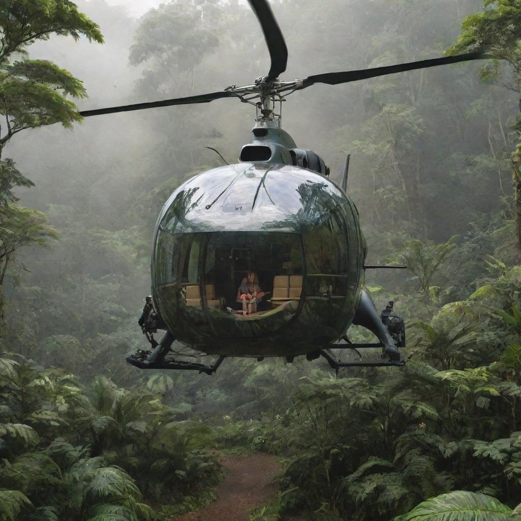 In the dinosaur-infused rainforest, a rich character now appears, descending from a stylish helicopter, creating a juxtaposition of modern luxury and prehistoric wilderness.