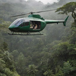 In the dinosaur-infused rainforest, a rich character now appears, descending from a stylish helicopter, creating a juxtaposition of modern luxury and prehistoric wilderness.