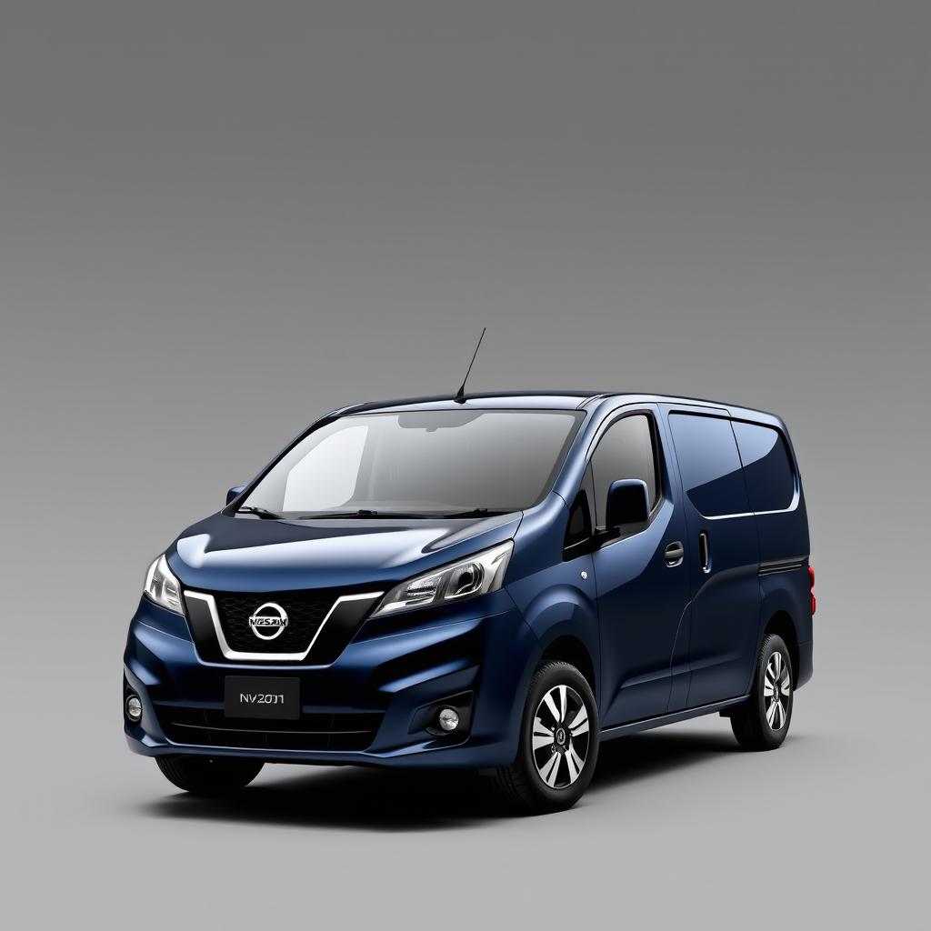 A striking Nissan NV200 van with a rich navy blue finish, elegantly positioned against a smooth grey background