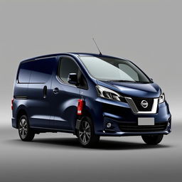 A striking Nissan NV200 van with a rich navy blue finish, elegantly positioned against a smooth grey background