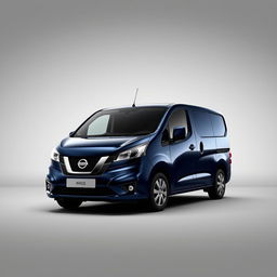 A striking Nissan NV200 van with a rich navy blue finish, elegantly positioned against a smooth grey background