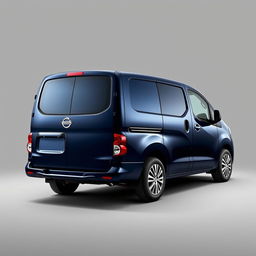 A striking Nissan NV200 van with a rich navy blue finish, elegantly positioned against a smooth grey background