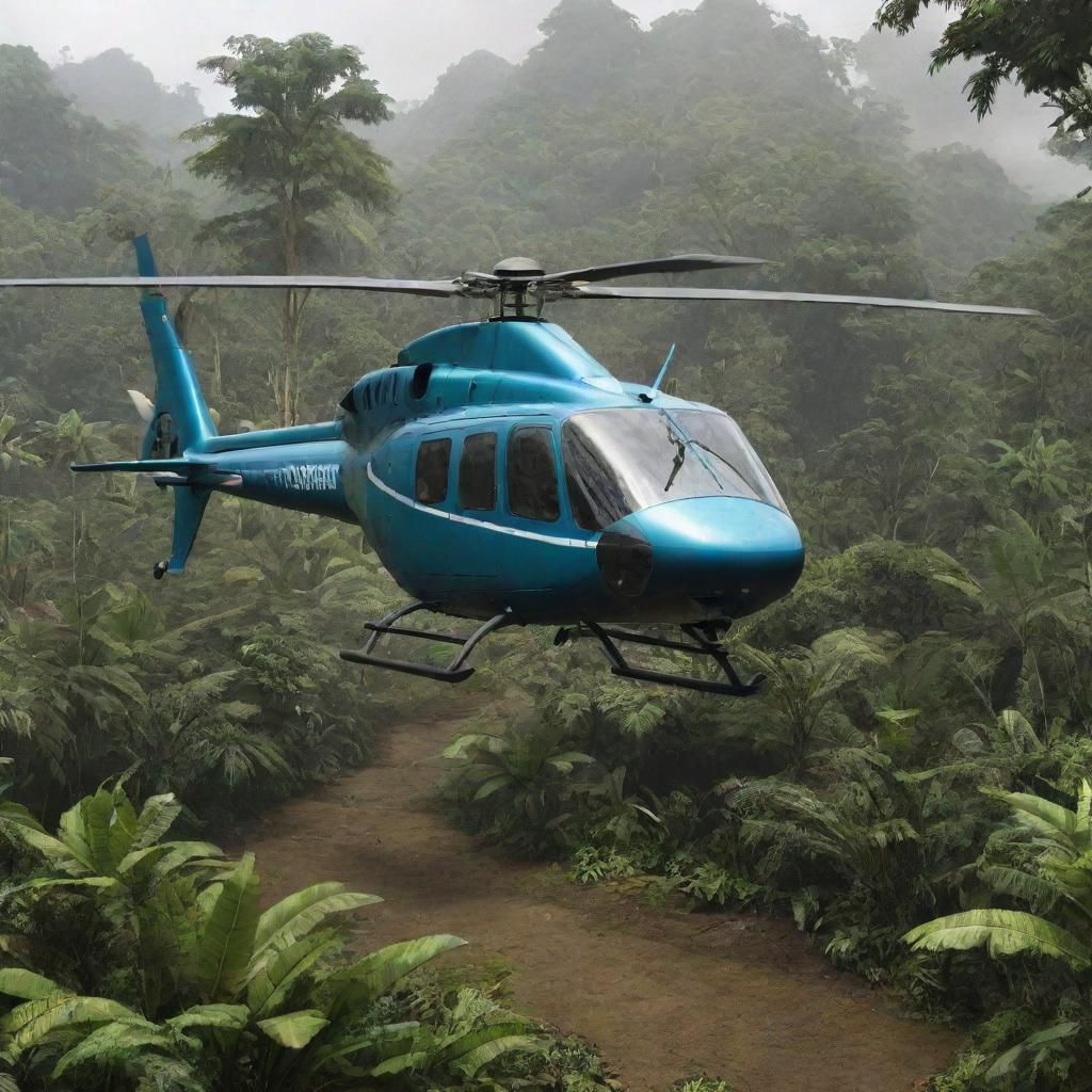 Update the scene to show the wealthy individual successfully landing their helicopter in the midst of the dinosaur-filled tropical rainforest.