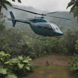 Update the scene to show the wealthy individual successfully landing their helicopter in the midst of the dinosaur-filled tropical rainforest.