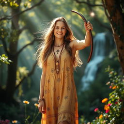 A captivating Sagittarius woman standing confidently in a lush, mystical forest, embodiment of freedom and adventure