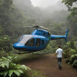 Update the scene to show the wealthy individual successfully landing their helicopter in the midst of the dinosaur-filled tropical rainforest.