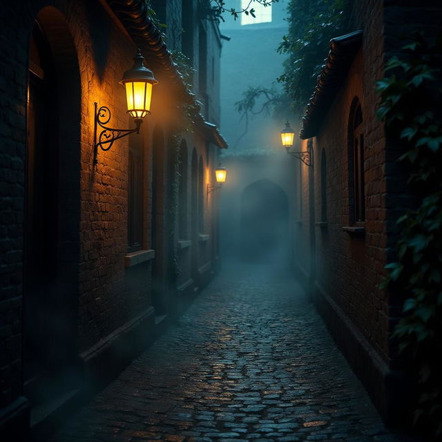 A mysterious dark alleyway illuminated by glowing lanterns, casting a warm light on cobblestone streets