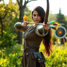 A strong and focused woman practicing archery, standing confidently in a lush green forest