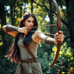 A strong and focused woman practicing archery, standing confidently in a lush green forest