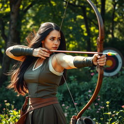 A strong and focused woman practicing archery, standing confidently in a lush green forest