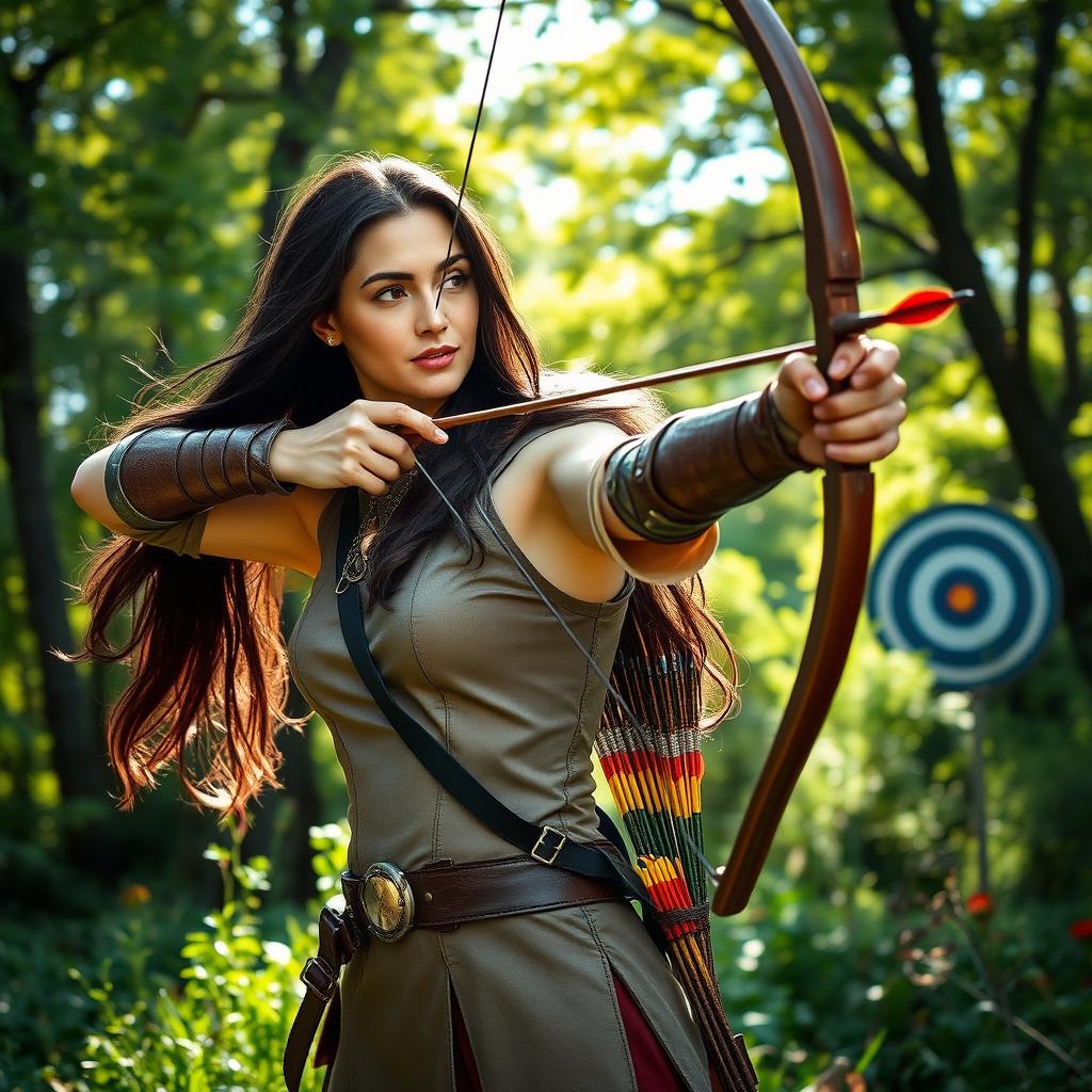 A strong and focused woman practicing archery, standing confidently in a lush green forest