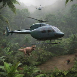 Update the scene to show the wealthy individual successfully landing their helicopter in the midst of the dinosaur-filled tropical rainforest.