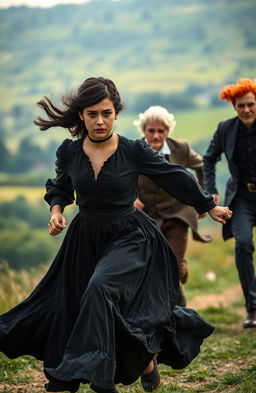 A scene depicting an 18-year-old girl with dark hair, running gracefully in a flowing historical black dress