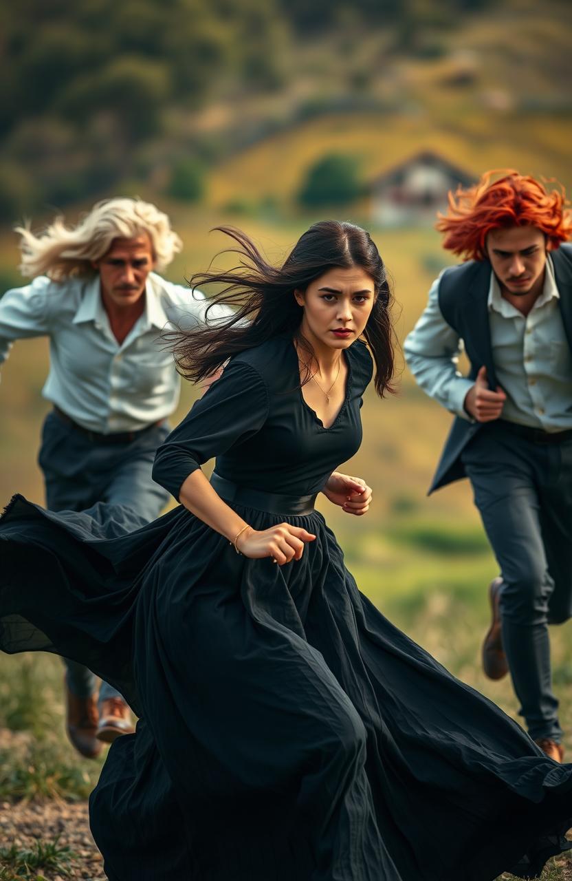 A scene depicting an 18-year-old girl with dark hair, running gracefully in a flowing historical black dress