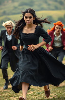 A scene depicting an 18-year-old girl with dark hair, running gracefully in a flowing historical black dress