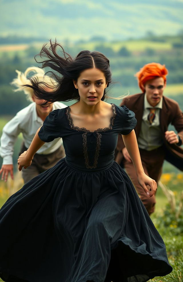 A scene depicting an 18-year-old girl with dark hair, running gracefully in a flowing historical black dress