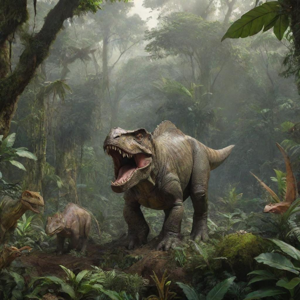 In the dinosaur-populated rainforest, the wealthy individual is now depicted starting the establishment of a wildlife sanctuary, symbolizing harmony between modern humanity and prehistoric life.