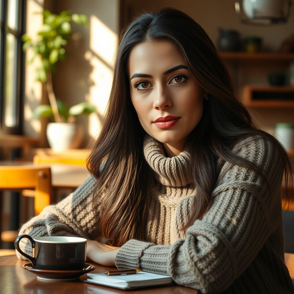 A highly detailed and realistic portrait of a thoughtful woman in her thirties, sitting at a cafe table, deep in contemplation