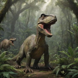 In the dinosaur-populated rainforest, the wealthy individual is now depicted starting the establishment of a wildlife sanctuary, symbolizing harmony between modern humanity and prehistoric life.