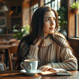 A highly detailed and realistic portrait of a thoughtful woman in her thirties, sitting at a cafe table, deep in contemplation