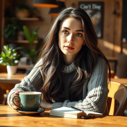 A highly detailed and realistic portrait of a thoughtful woman in her thirties, sitting at a cafe table, deep in contemplation