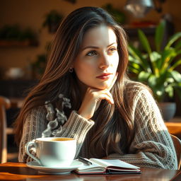 A highly detailed and realistic portrait of a thoughtful woman in her thirties, sitting at a cafe table, deep in contemplation