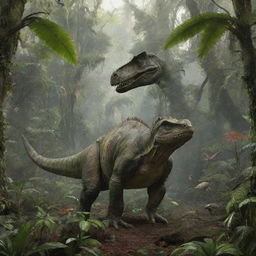 In the dinosaur-populated rainforest, the wealthy individual is now depicted starting the establishment of a wildlife sanctuary, symbolizing harmony between modern humanity and prehistoric life.