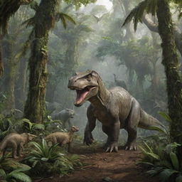 In the dinosaur-populated rainforest, the wealthy individual is now depicted starting the establishment of a wildlife sanctuary, symbolizing harmony between modern humanity and prehistoric life.