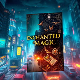 A book cover for 'ENCHANTED MAGIC', set against a vibrant urban world backdrop