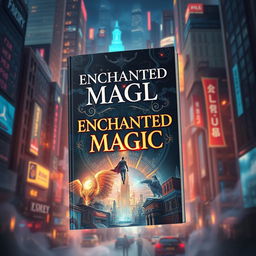 A book cover for 'ENCHANTED MAGIC', set against a vibrant urban world backdrop