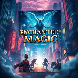 A book cover for 'ENCHANTED MAGIC', set against a vibrant urban world backdrop