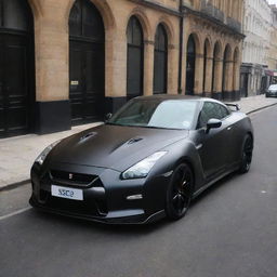 An imposing image of the matte black 2024 Nissan GT-R, with its 3.8-liter V6, 24-valve, twin-turbocharged engine, parked on the historical streets of London.