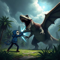 An epic battle scene featuring Sans from the video game Undertale engaged in a fierce fight against a massive Spinosaurus in a dramatic and cinematic setting