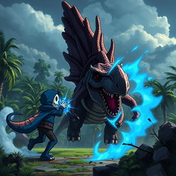 An epic battle scene featuring Sans from the video game Undertale engaged in a fierce fight against a massive Spinosaurus in a dramatic and cinematic setting